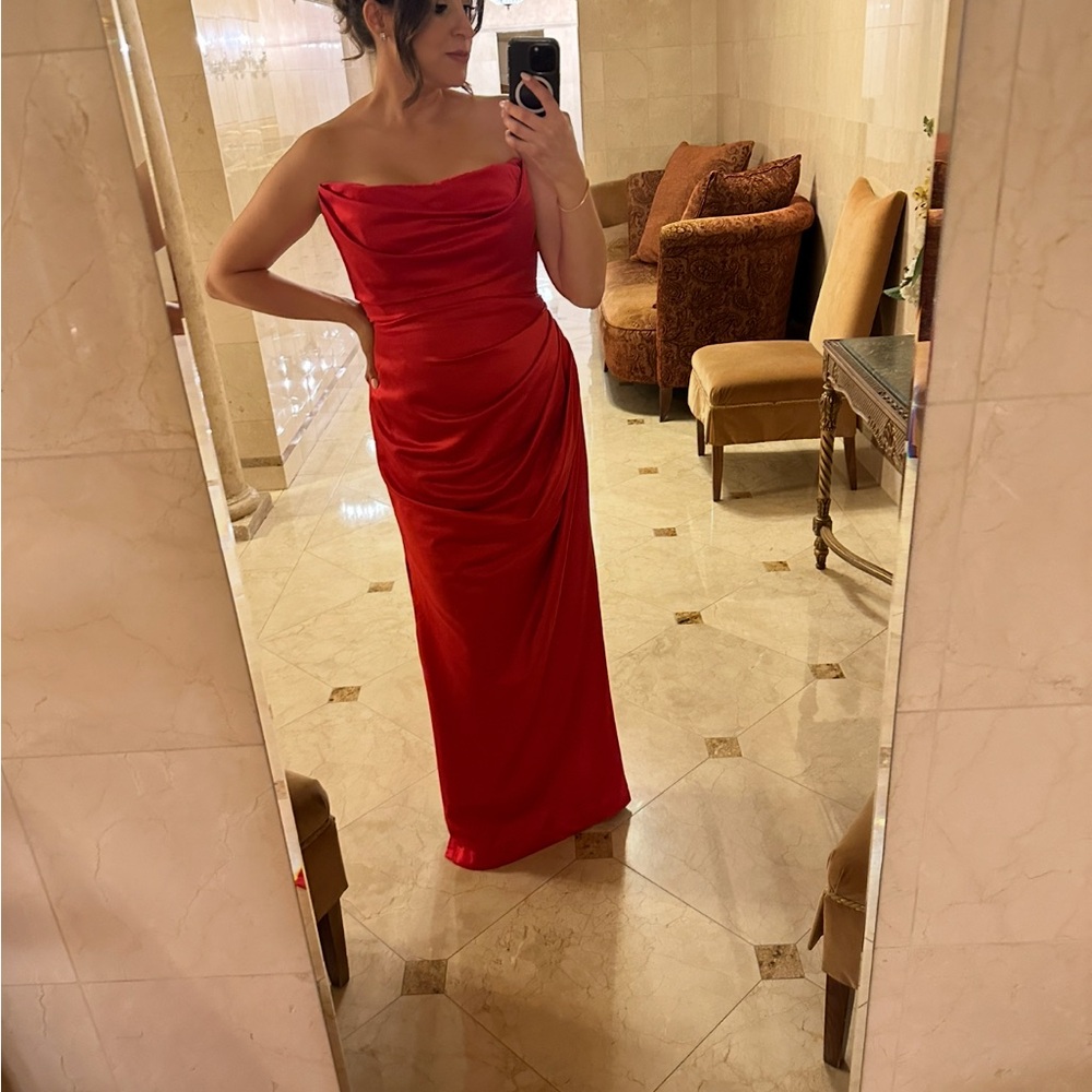 House of CB Adrienne Gathered Satin Strapless Gown